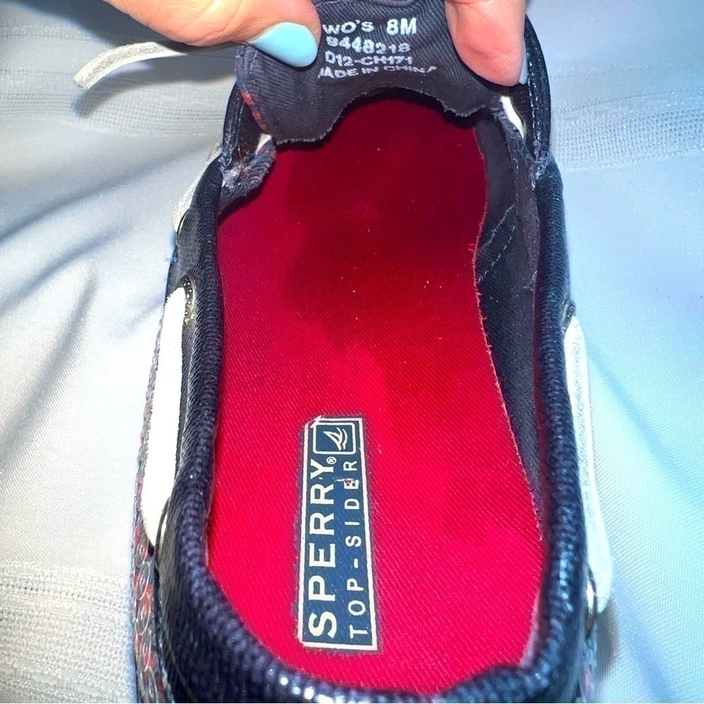 Sperry Top‎ Sider 2-eye Navy Red Polka Dots Clear Sequins Boat Shoes Sz 8 EUC - Picture 8 of 12